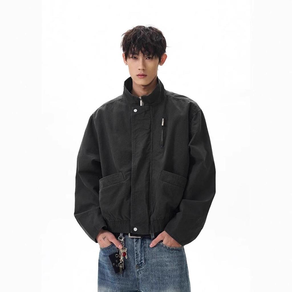 Unisex American Retro Canvas Bomber Jacket - Washed & Distressed Stand-Up Collar