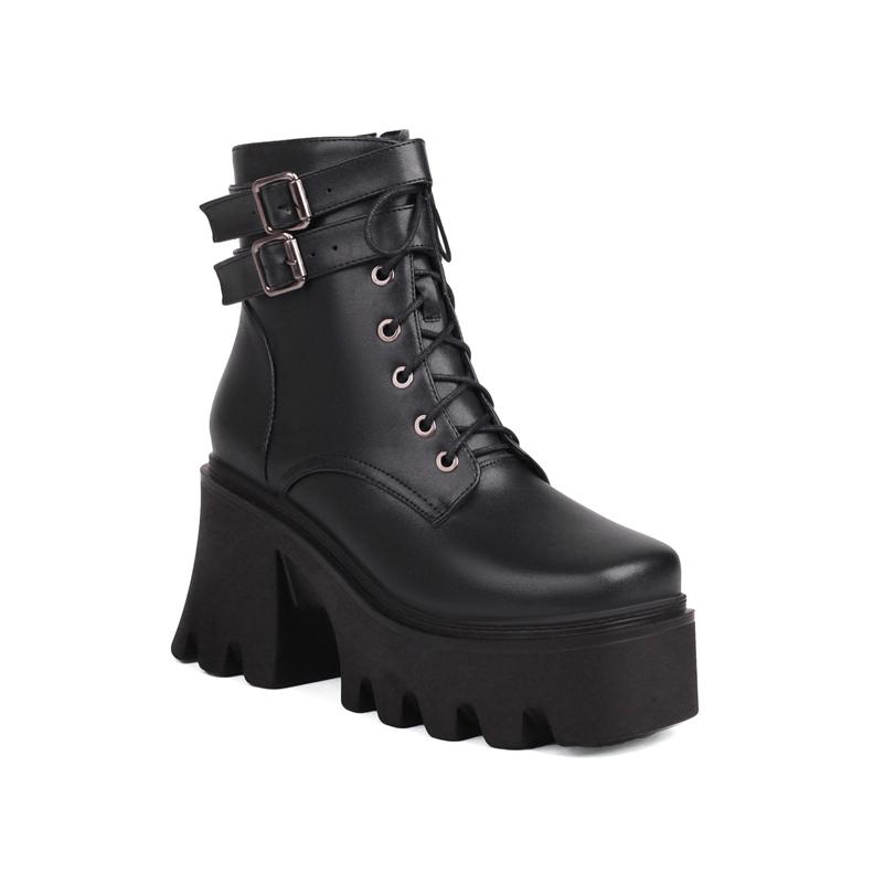 

ANNYMOLI/женские ботильоны с круглым носком, на платформе, на толстом высоком каблуке, с пряжкой, на шнуровке, на молнии, армейские ботинки, женская обувь, зимняя 43 34 чёрный