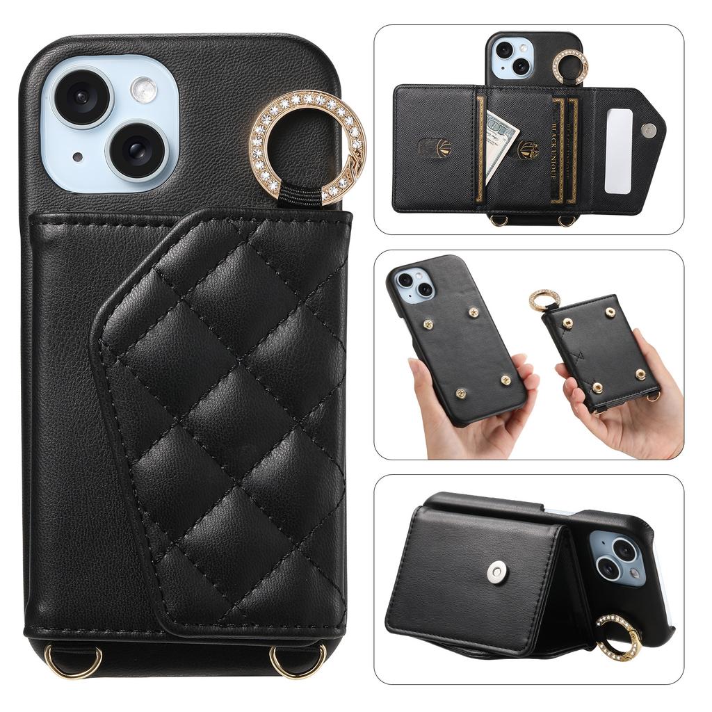 Sharp WISH4 iPhone15 Diamond Line Finger Ring Crossbody Phone Case with Card Slot