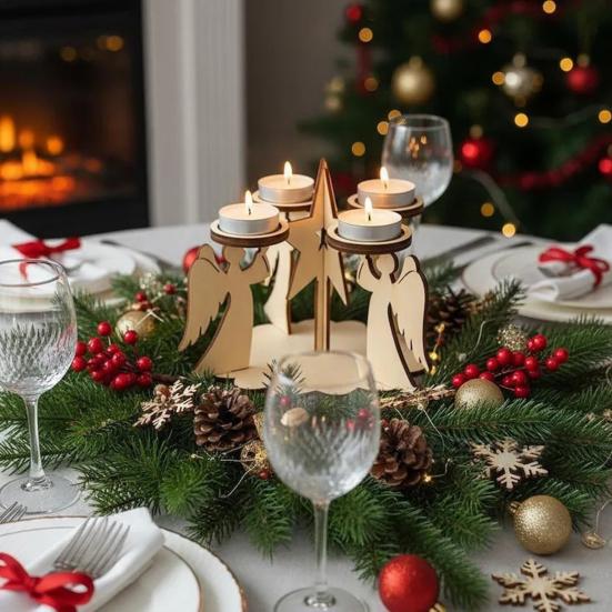 1/2/3Pcs Christmas Wooden Angel Candle Holder 4-Arm Candlestick Tealight Candle Stand Home Office Living Room Dining Table Centerpiece Decoration