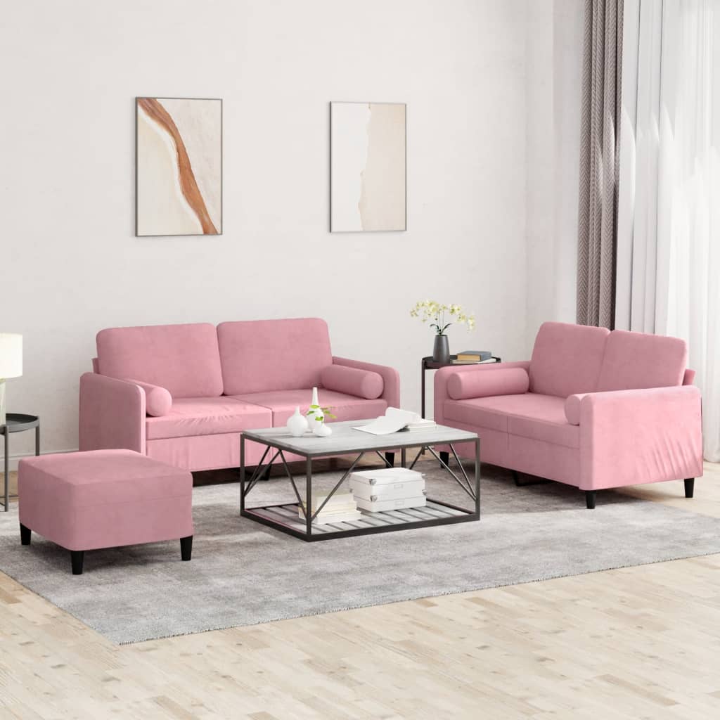 Vidaxl 3-Cz. Upholstered Set with Cushions, Pink, Velvet