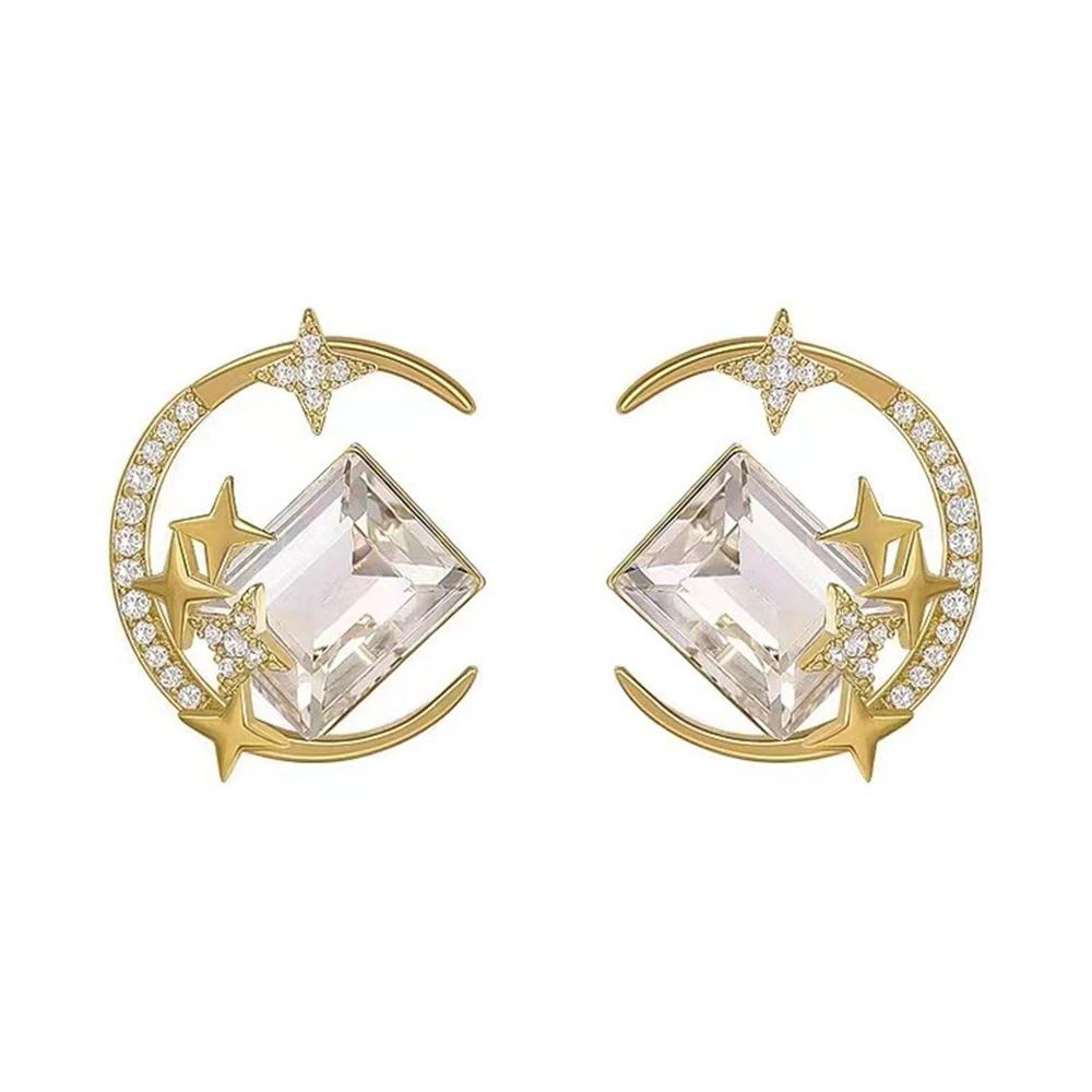 Women Star & Moon Crystal Earrings Elegant Light Luxury Exquisite Shiny Zircon Ear Studs Golden Fashion Jewelry Gifts Wholesle