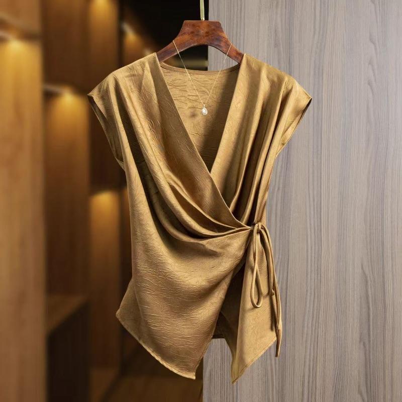Elegant Casual Blouses V-neck Short-sleeved Open Placket Waist Tie Glossy Champagne Sedin Spring and Summer Women's Shirt
