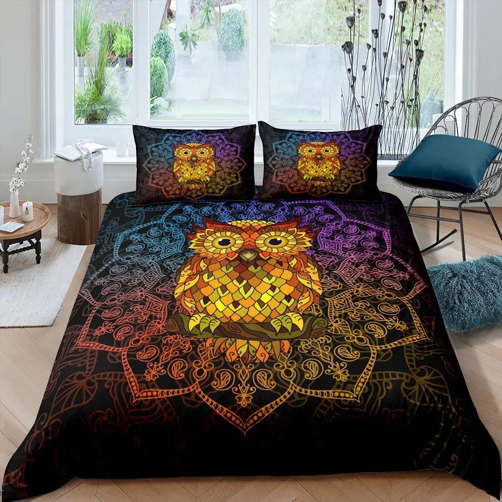 Owl King Queen Duvet Cover Adorable Funny Cartoon Animal Bedding Set for Kids Boy Colorful Wildlife 2/3pcs Polyester Quilt Cover