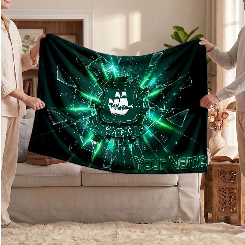 Plymouth Argyle FC Personalized Fleece Blanket With Football Logo, Custom Name Text Soft Warm Home Throw Blanket