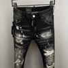 New D2 Trendy Men's Washed Grinding Holes Patch Paint Slim Small Feet Black Jeans Men's Fried Street