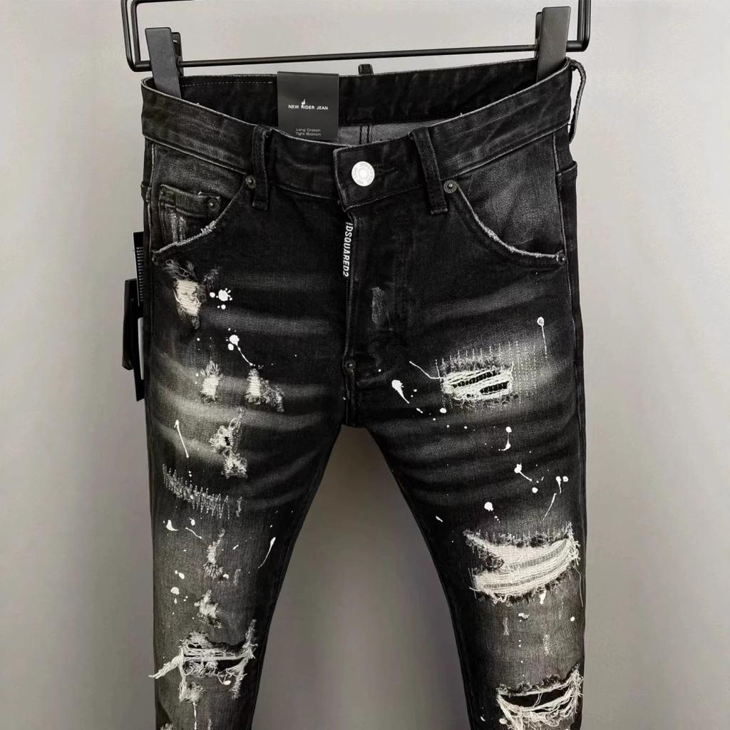 New D2 Trendy Men's Washed Grinding Holes Patch Paint Slim Small Feet Black Jeans Men's Fried Street