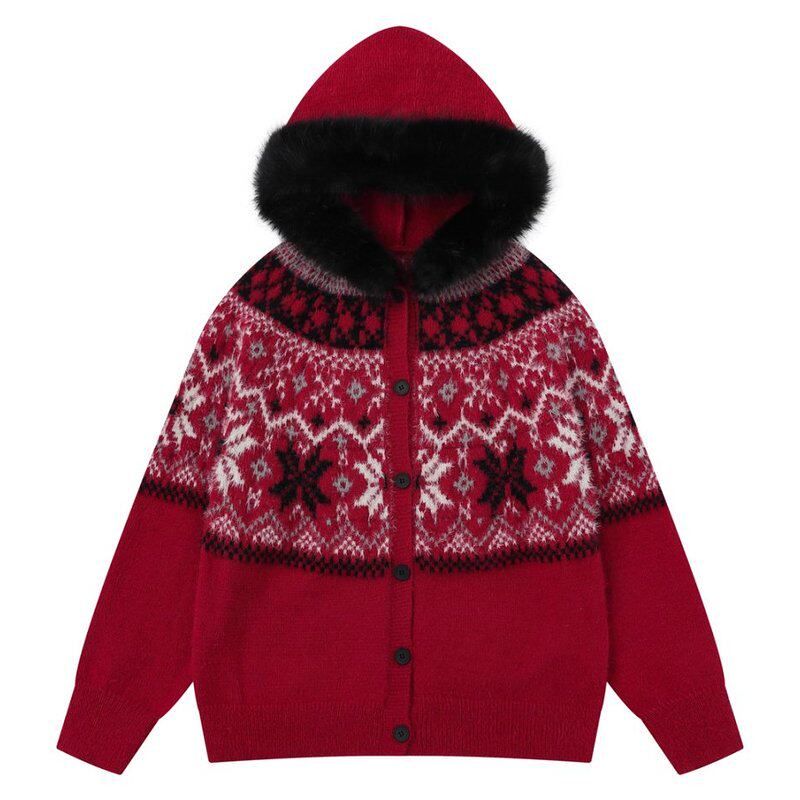 51 Hip-Hop Fair Isle Snowflake Fur Collar Red Sweater Cardigan Unisex Winter Thick Lazy Hooded Knitted Jacket