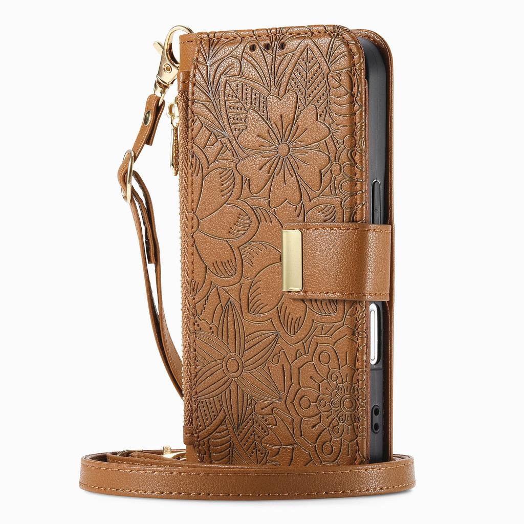 Florales Leder-Wallet-Case für iPhone 12-17 Serie. mit abnehmbarem Schultergurt