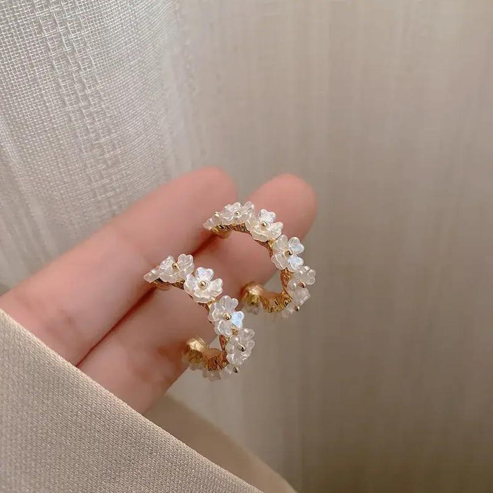 Latest Sweet Romantic Elegant White Flower Hoop Earrings | Stylish Shell Resin Delicate Pearl Flower Zircon Earrings | Trendy Versatile Jewellery