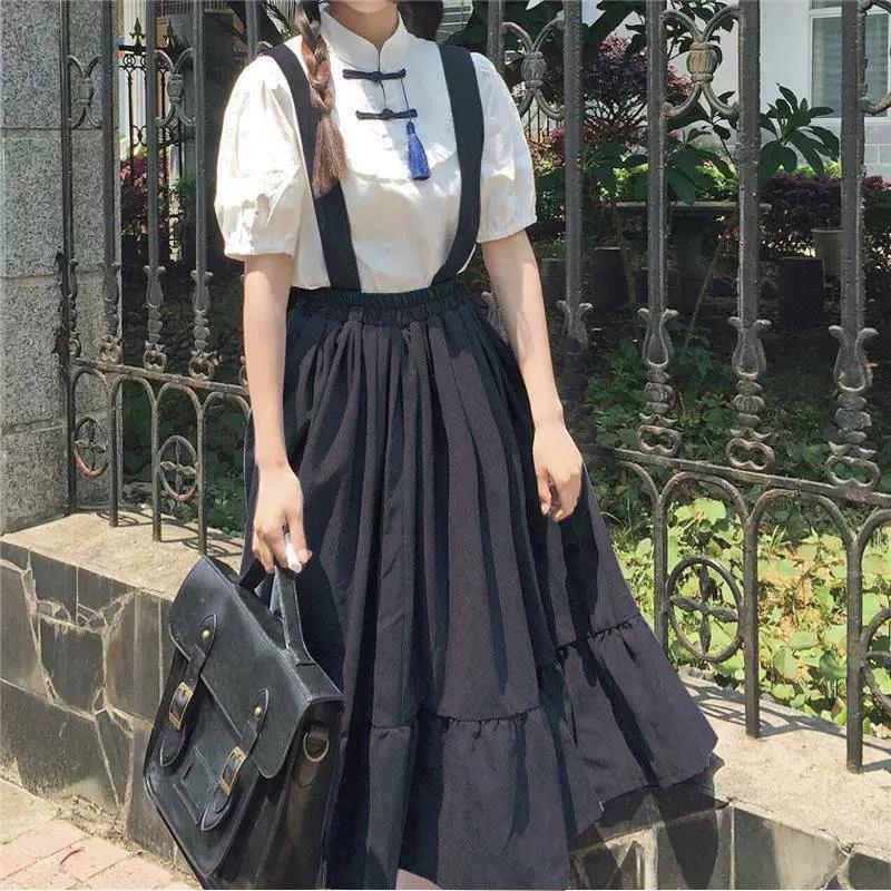 Girl Sweet Female Short-sleeved Shirt + Ruffled Back Strap Long Skirt Cute Two-piece Set