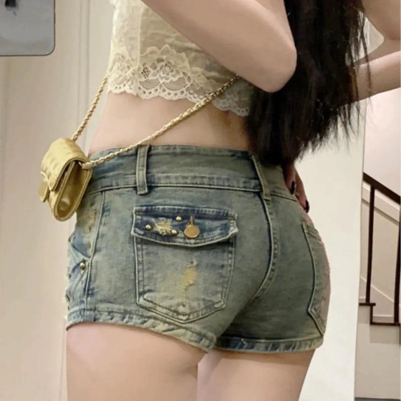 2025 Summer Women's Spicy Girl Embroidered Ripped Denim Shorts: Low-Waist, Slimming, Hip-Hugging