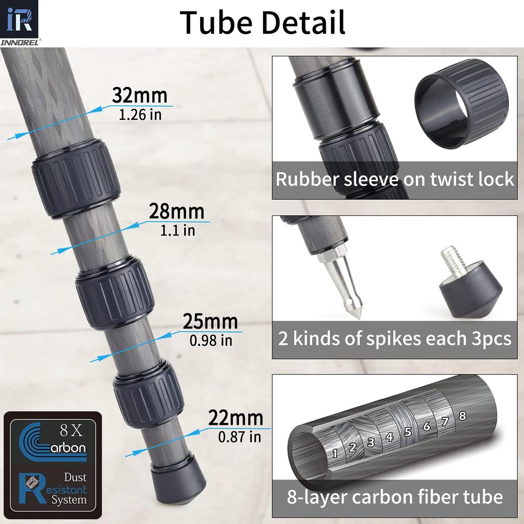 INNOREL Carbon Tripod Camera Nut Lock Type Load Capacity 20KG 4 Tiers Telescopic Panoramic Tube Diameter Bowl Adapter Video Digital Camera SLR Digital