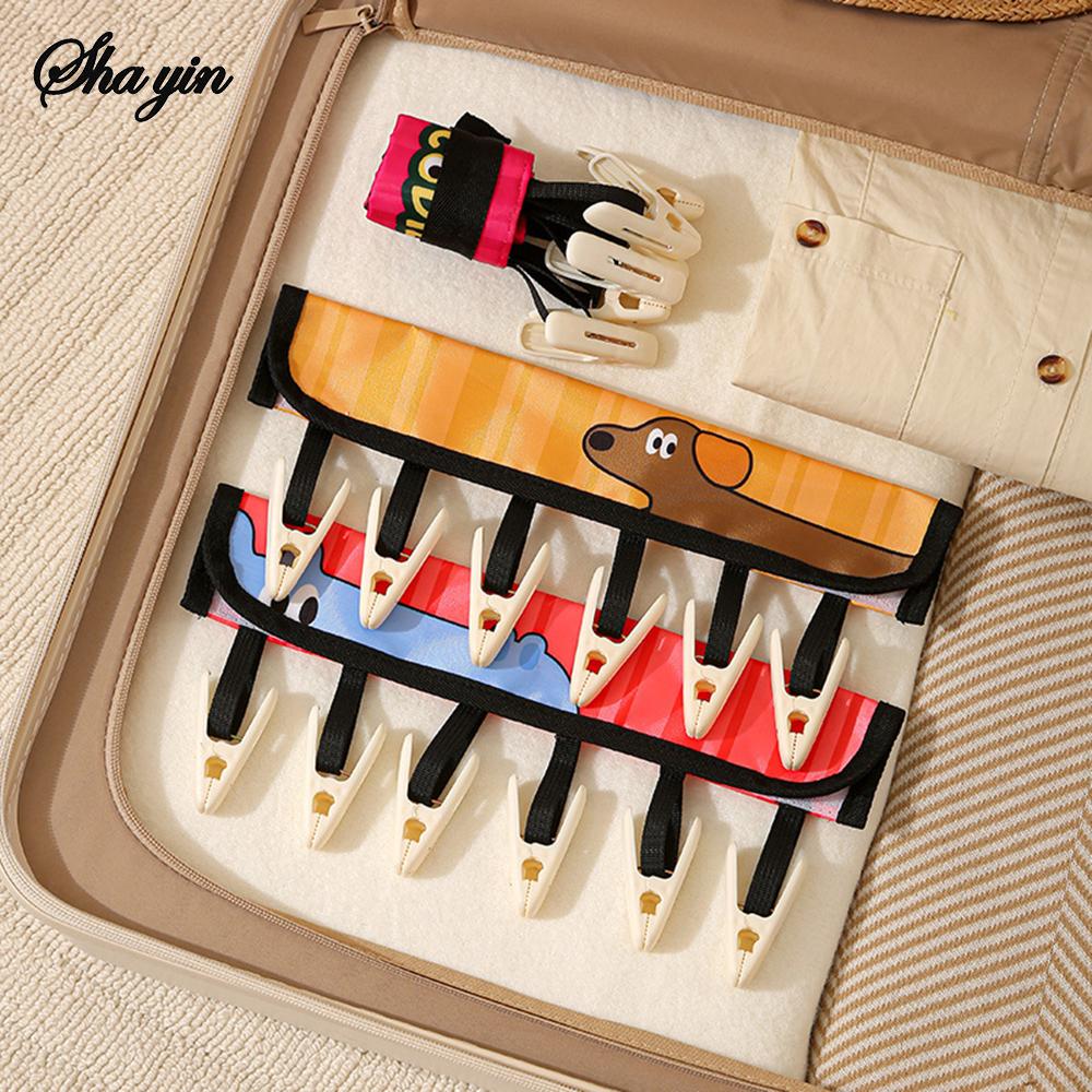 1PC Cartoon Fabric Wall Mounted Clothes Rack with 6 Snap Cap Clips Space Saving Laundry Drying Rack for Home Organization