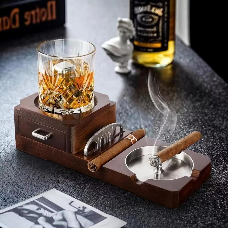 Wooden Cigar Ashtray with Drawer - Whiskey Glass Holder Cigar Holder Beverage Coaster Cigar Accessories for Men