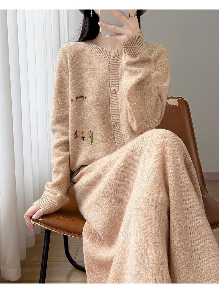 2026 Autumn/Winter Pure Wool Knit Cardigan with Lurex Cactus Embroidery