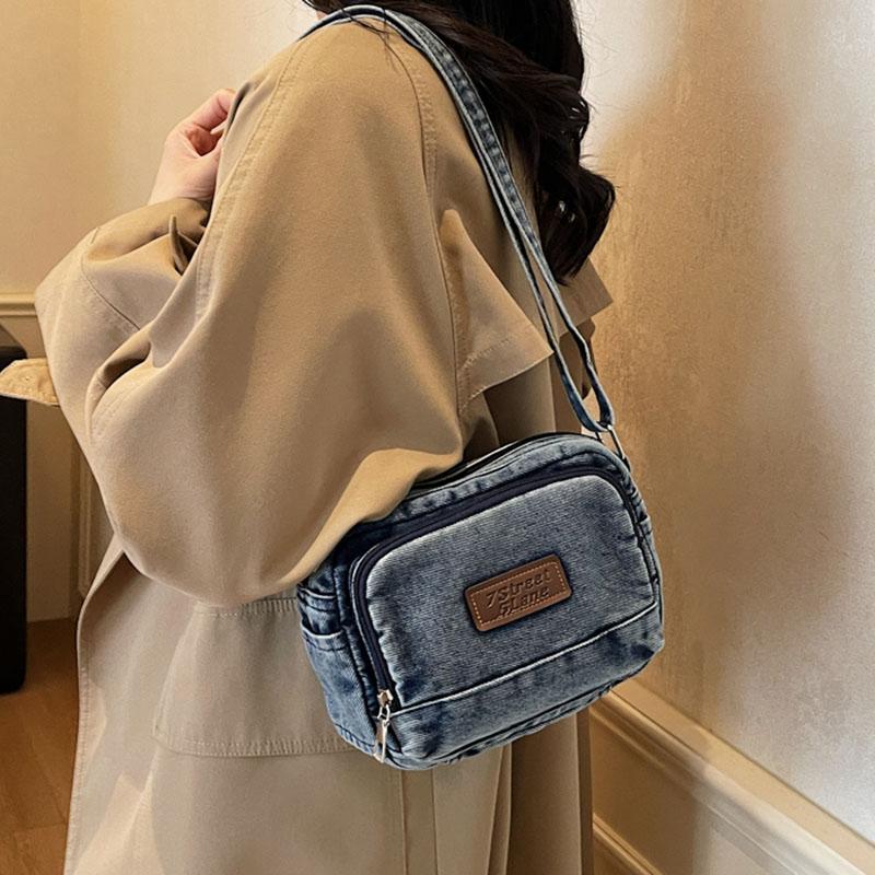 Klasická džínová ležérní malá taška přes rameno s více kapsami a nastavitelnými ramenními popruhy, peněženka na nulu, jednobarevná zábavná crossbody taška