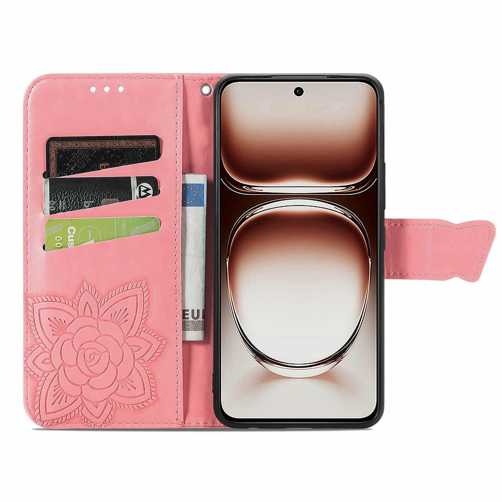 

For Oppo A3x 5G Case PU Leather Wallet Phone Cover Butterfly Pattern Rose Gold