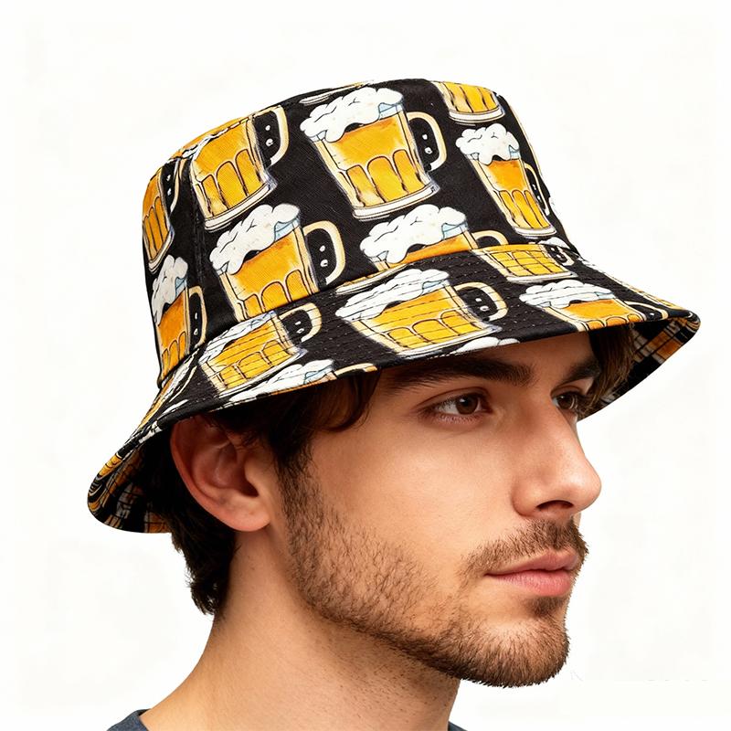 Beer Printed Fisherman Hat Reversible and Versatile Basin Hat for European and American Men Outdoor Beach Sun Hats
