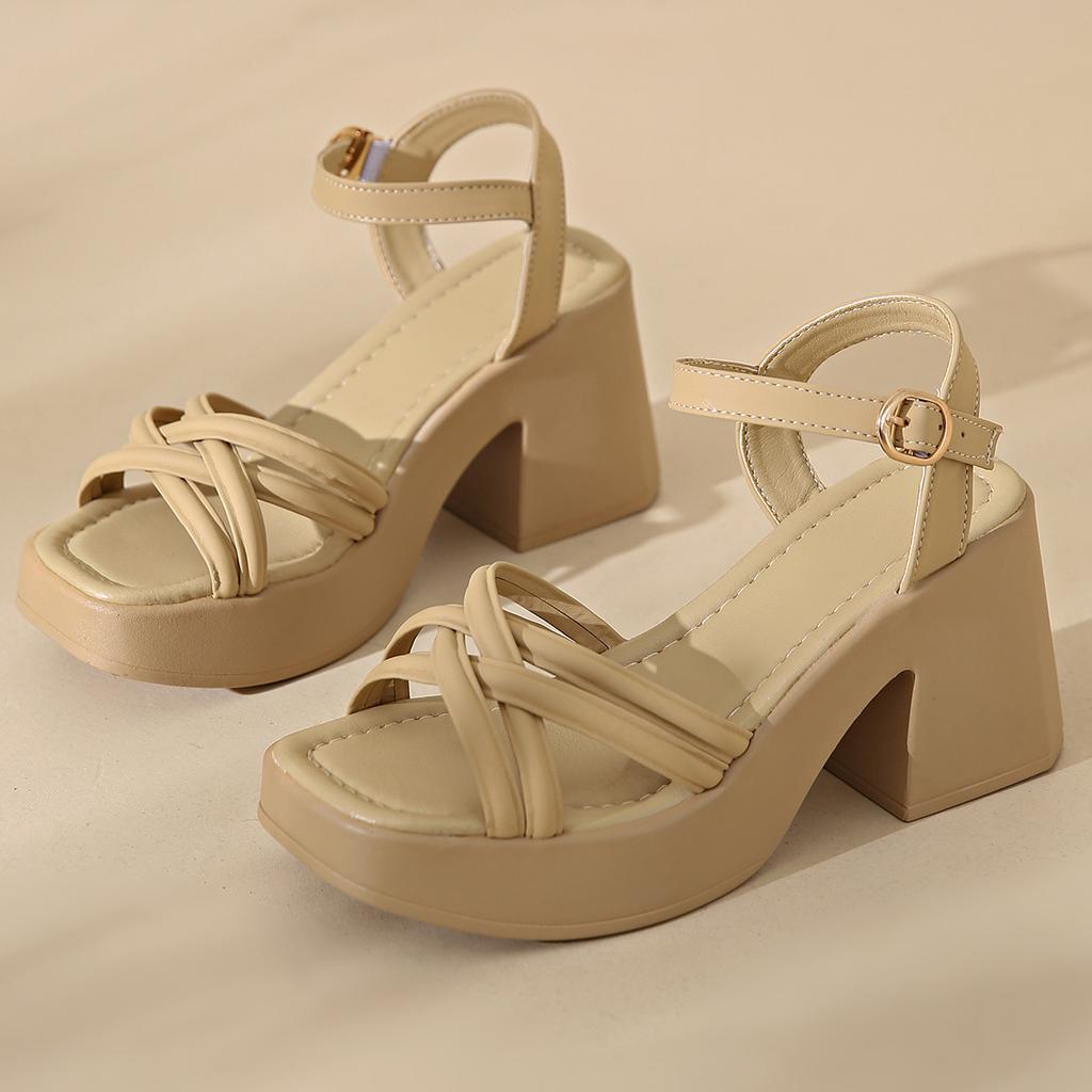 Thick-soled Fairy Wind Cross-strapped Sandals Female Early Spring New Muffin Thick-soled Square Head One-word Buckle Sandals