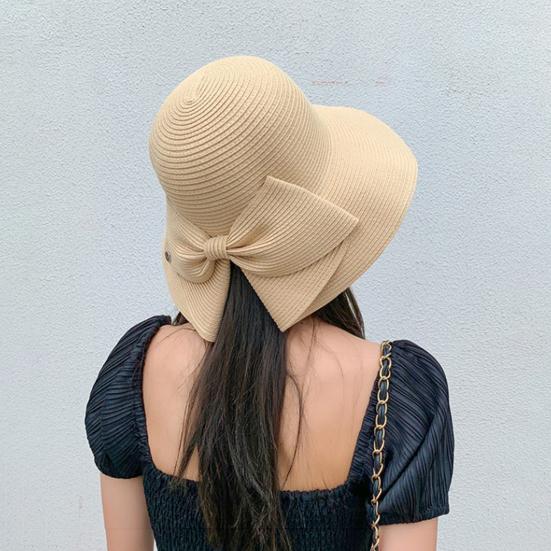 Frauen Sommer Zurück Bowknot Dekor Sonnenhut Breite Krempe Runde Kuppel Atmungsaktive Einstellbare Anti-UV Strand Stroh Hut