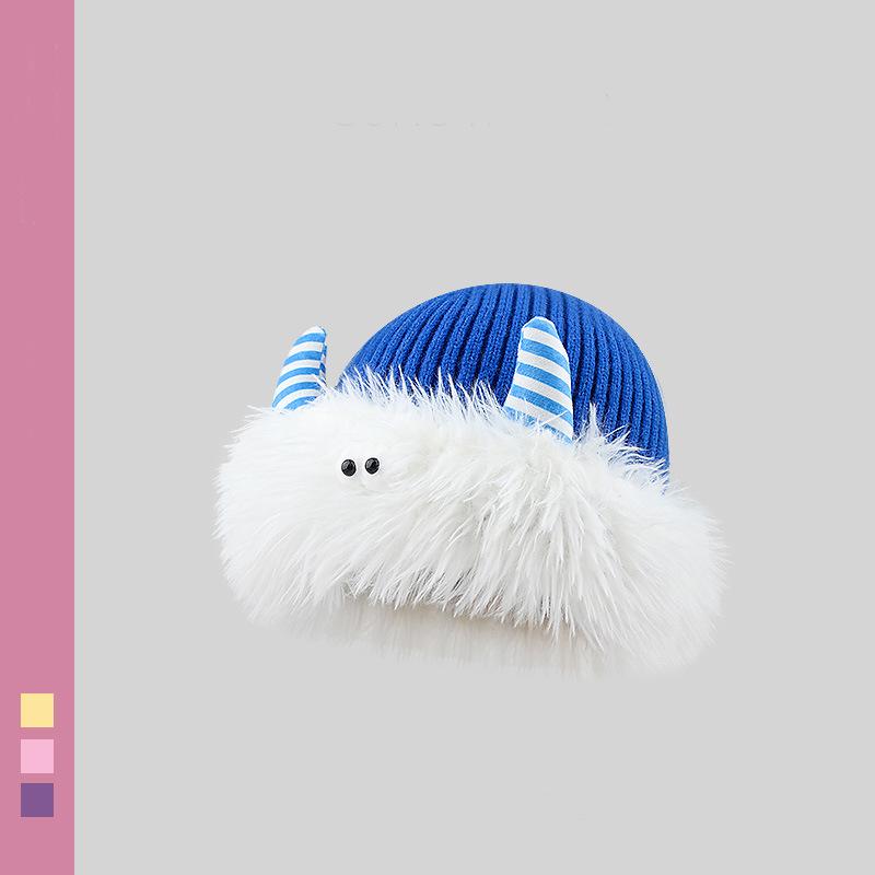 Cute and funny plush knitted hat children keep warm in winter new little monster horn ear protector hat shows small face