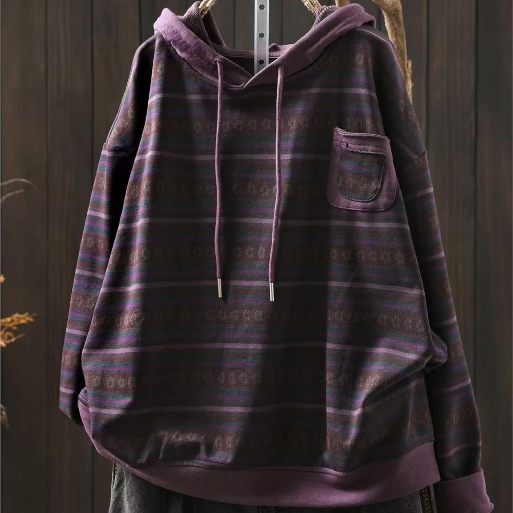 Johnature Women Pullover Hooded Striped Long Sleeve  Autumn Patchwork Pockets Casual Loose T-Shirts