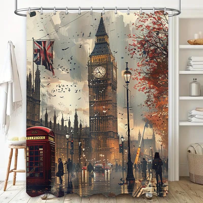 Wunderschöner Stadtlandschaft Duschvorhang mit ikonischen Londoner Wahrzeichen wie Big Ben Hochauflösender Druck Badezimmerdekor mit Haken