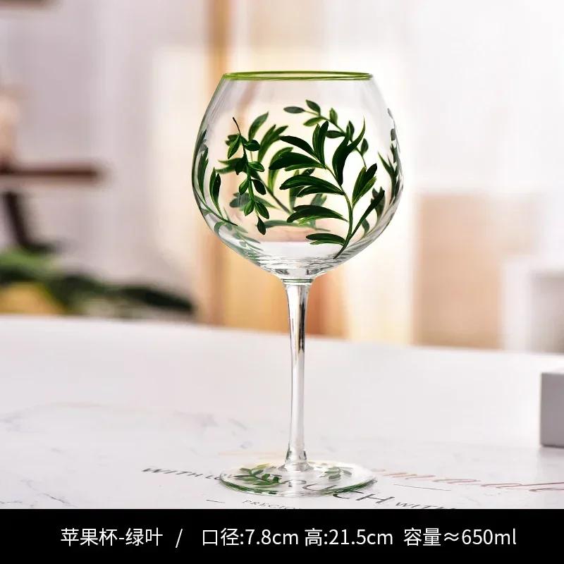 Hand Drawn Flower Patterned Crystal Glass Cup Festival Party Art High Feet Red Wine Cup Family Wine Glass Set Of Three Pieces