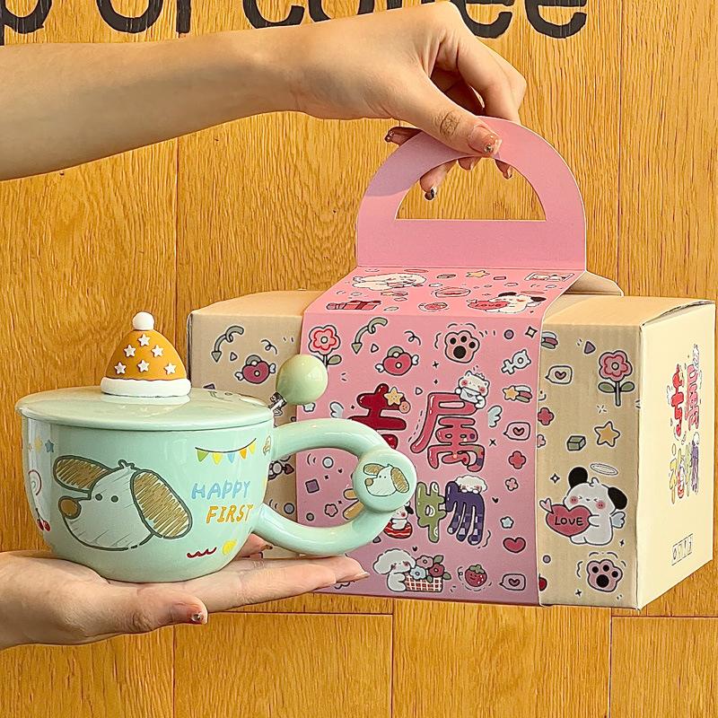 Gebt Mädchen Geburtstagsgeschenke, Cartoon-Hasenbecher, hochwertige Keramiktassen mit Deckel und Löffel und Geschenkboxen.