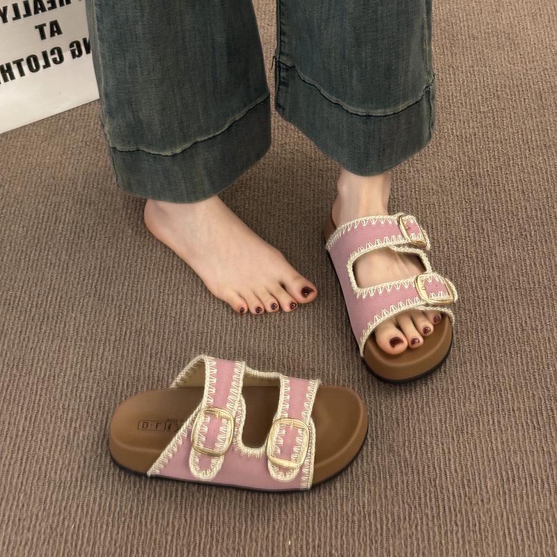 Cool Slippers Women's Summer Outer Wear 2025 New Retro Casual Round Head Belt Buckle Hollow Muffin Thick-soled Slippers