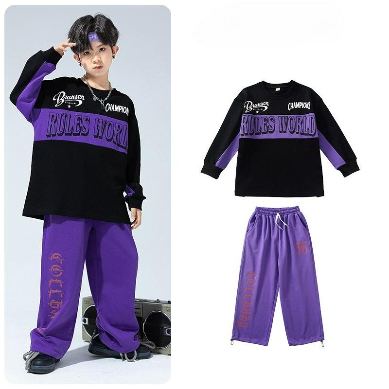 

Детская хип-хоп трендовая одежда, Детские хип-хоп костюмы со свободным свитером, Костюмы для хип-хопа для мальчиков, Костюмы для джаза для девочек 110 фиолетовый