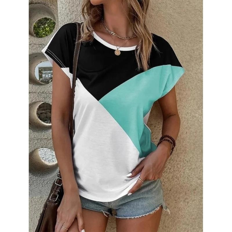 Тонкая женская базовая футболка из полиэстера с цветными блоками с 3D принтом Y2k — фото 8