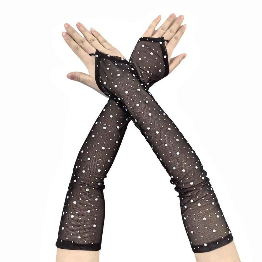 1 Pair Breathable Fingerless Gloves Rhinestone Sunscreen Arm Sleeves Long Elegance Mitten  Women
