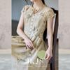 JK&JS Qingzhuxu Guofeng Tencel Linen Floral Cheongsam Dress