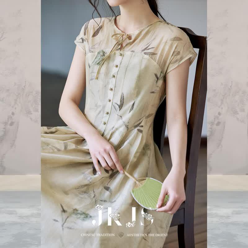 JK&JS Qingzhuxu Guofeng Tencel Linen Floral Cheongsam Dress