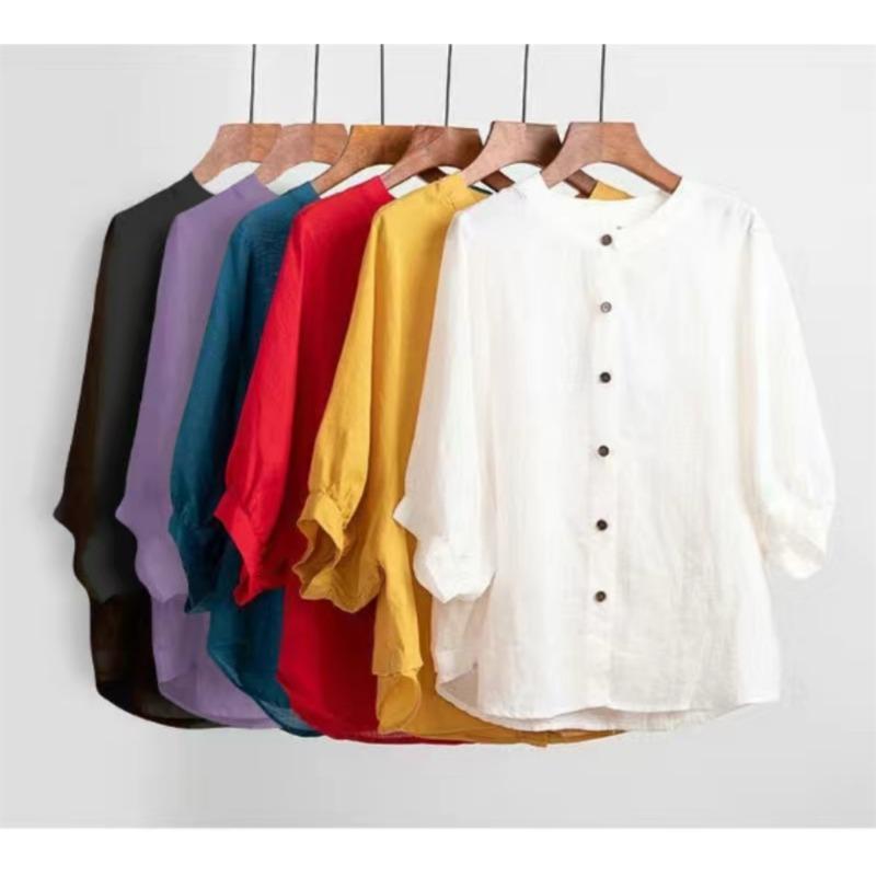 Summer Cotton Shirt Women's Lantern Sleeve Retro Blouse Large Size Loose Mid-sleeved Shirt Women