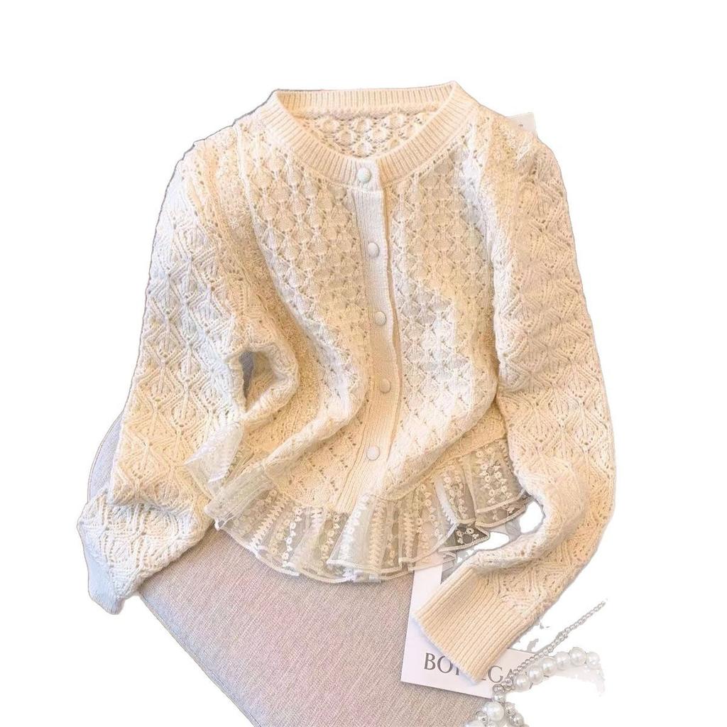 Xiaoxiangfeng hollowed-out knitted cardigan women's spring and autumn new high-end foreign-style outer wear lace splicing sweater jacket