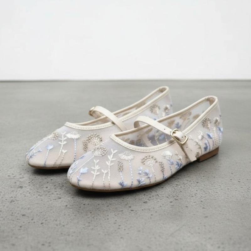 Women's Embroidered Floral Mesh Mary Janes Breathable Ballet Flats Summer Elegant Buckle Strap Soft Sole Casual Shoes