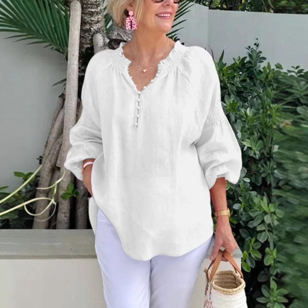 2025 Vår/Sommar Dam V-ringad Bomull Linne Långärmad Ledig Topp