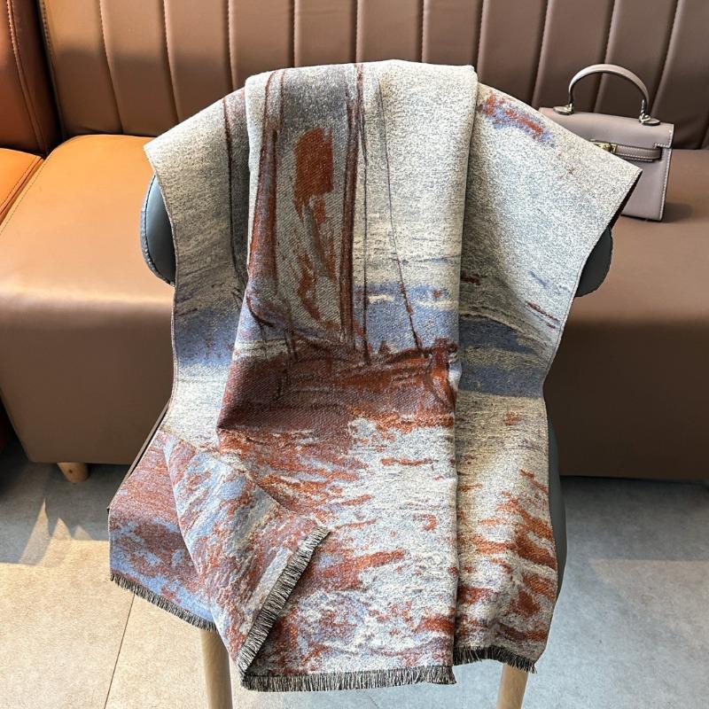 Autumn and winter warm thickened four shuttle imitation cashmere scarf winter shawl scarf women's oil painting sailing shawl