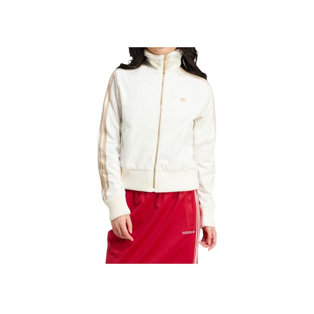 Adidas Originals Logo Embroidered Striped Zip-Up Long Sleeve Stand Collar Jacket Women jackets White IX1057