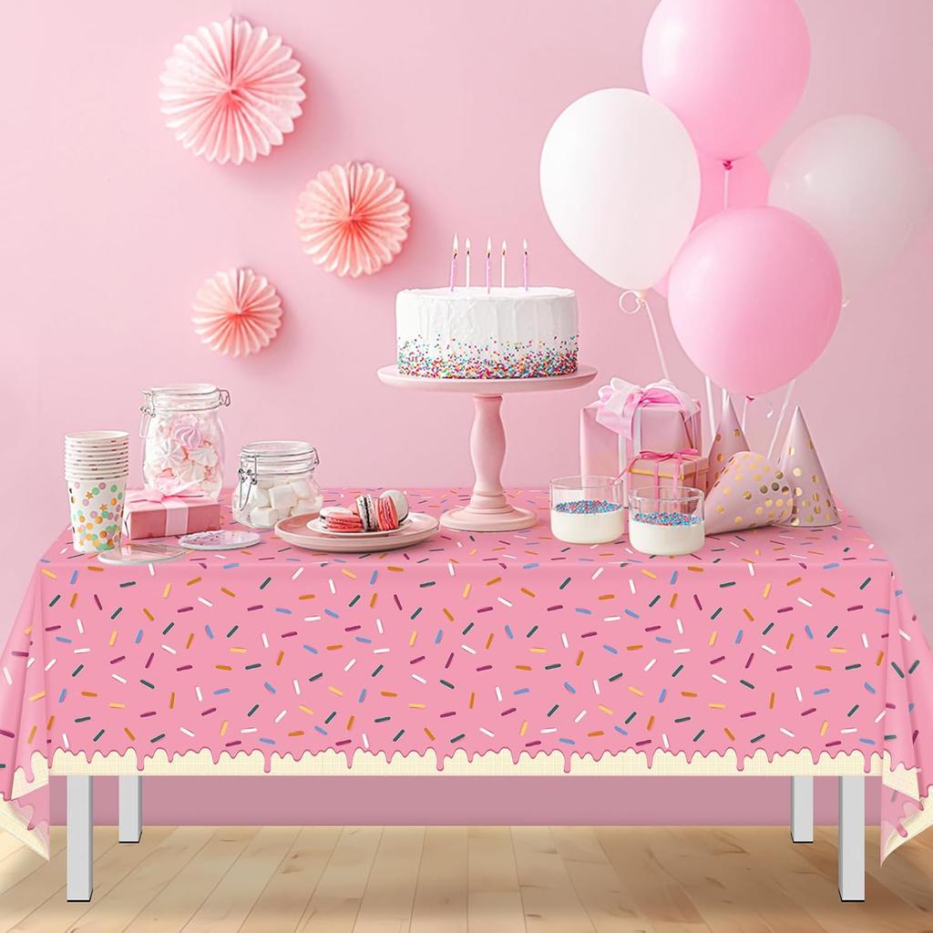 3Pcs Sprinkle Donut Tablecloth, Pink Ice Cream Table Cloth Disposable Plastic Rectangle Table Covers for Baby Girl Sweet One Birthday Donut Grow Up