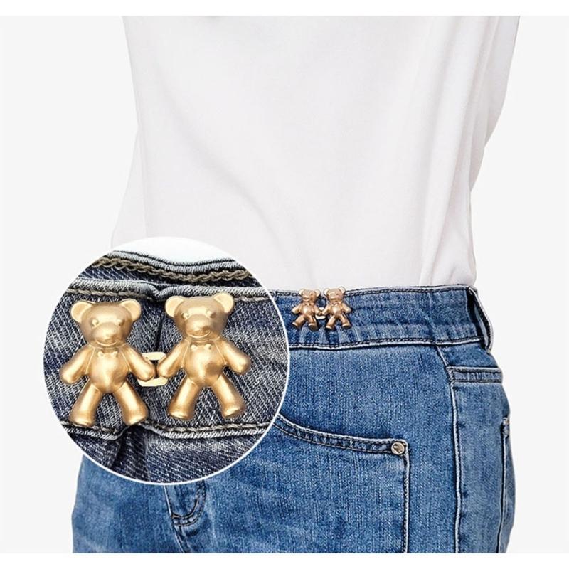 2Pcs Adjustable Jean Button Pins, Bear Shaped Waist Tightener Instant Jean Buttons for Jeans Pants, No Sewing Required