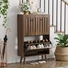 60 Cm High, Walnut-Colored Shoe Cabinet, Vertically Grooved Surface, Mid-Century Style, Suitable for Hallways, Passageways and Entrances.