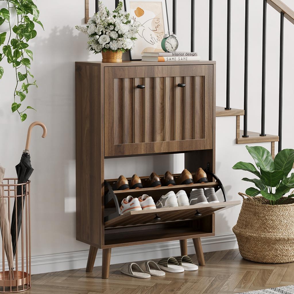 60 Cm High, Walnut-Colored Shoe Cabinet, Vertically Grooved Surface, Mid-Century Style, Suitable for Hallways, Passageways and Entrances.