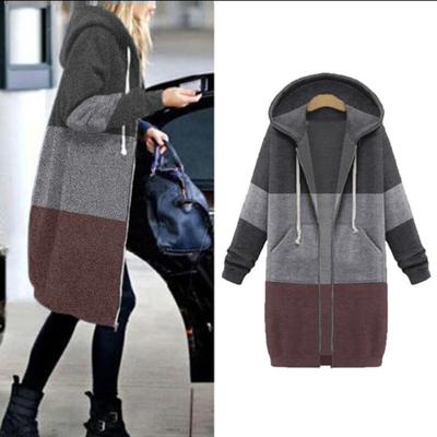 Women Zipper Open Hooded Fleece Sweatshirt Long Coat Jacket Tops Outwear