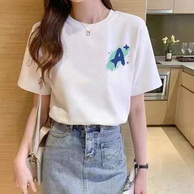 Sommer Damen Baumwolle Lose Weiße Kurzarm T-Shirt Rundhals Bedrucktes Oberteil