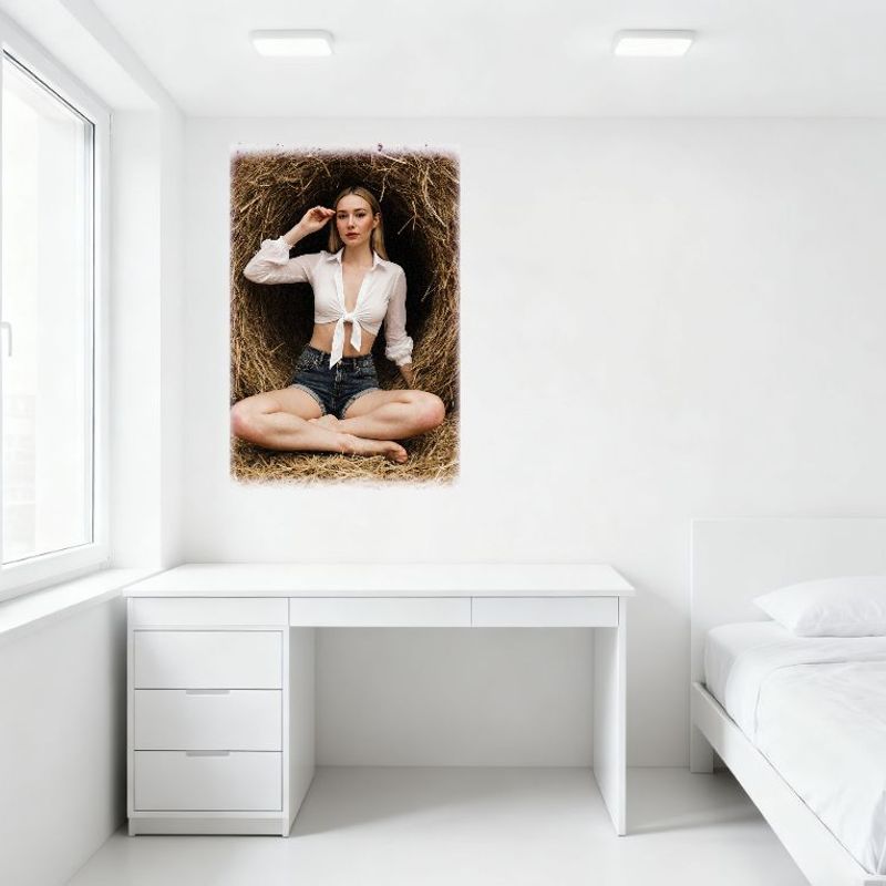 Sexy Blonde Woman Crop Top Denim Shorts Rustic Hay Bale Countryside Scene Tin Sign Vintage Metal Poster for Bar Pub Home Wall De