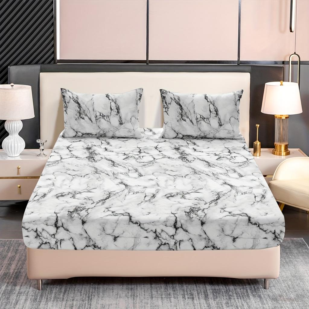 3-Piece Marble Print Fitted Sheet Set - Ultra Soft Breathable Microfiber Fabric Hypoallergenic Wrinkle-Resistant Easy Care -